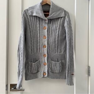 Women’s ROOTS Button Up Cable Grey Cardigan Sweater Squirrel Patch Size L